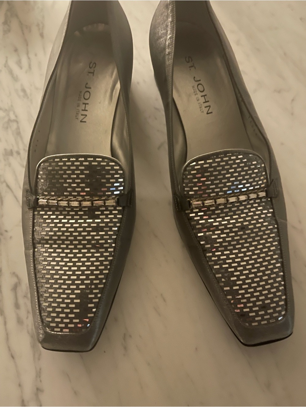 St. John Silver Metallic Woven-Top Loafers with Decorative Bar